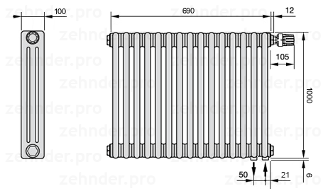 Схема (чертеж) Радиатор Zehnder Charleston 3100/15 №V002 Белый глянцевый RAL 9016